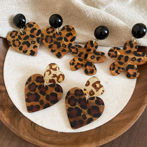 Leopard Print Heart Flower Dangle Earrings With 925 Sterling Silver Earring Post Acrylic Retro Maillard Style Jewelry
