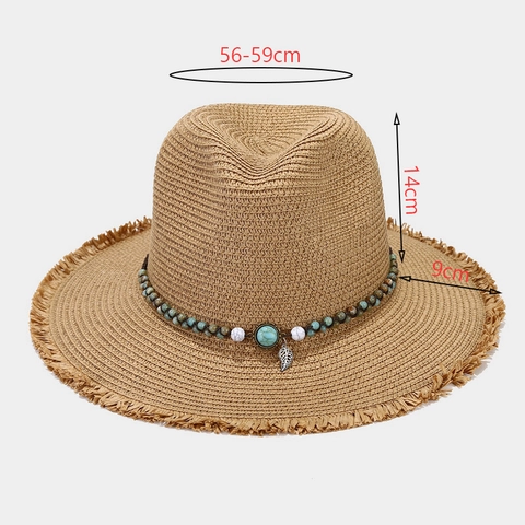 Strohhut Damen Bohemian Panama Boater Flache Krone Breite Krempe Fransenrand Türkisperlen Metallblatt Atmungsaktiv Strand