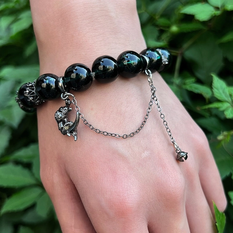 Gothic Beaded Bracelet Alloy Dragon Moon Rose Charms Dark Green Phantom Beads Vintage Punk Style For Men Women