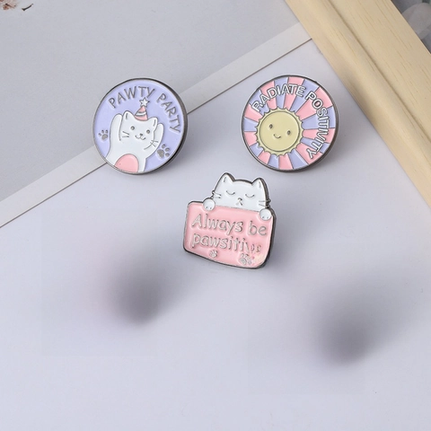 Cute Cartoon Animal Enamel Pin Alloy Brooch Cat Dog Sun Positive Slogan Badge For Clothing Backpack Hat Kawaii Style