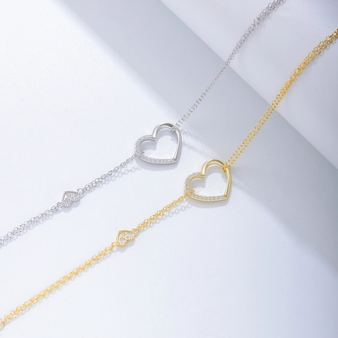 925 Sterling Silver Heart Double Layered Chain Bracelet For Women Dainty Rhinestone Inlaid Adjustable Fashion Jewelry Gift