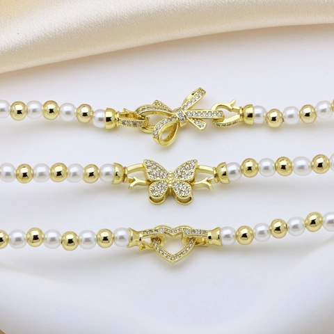 Elegante Naturperle Halskette Für Damen Kupfer Kugelkette Mit Schmetterling Herz Anhänger Gold Strass Eingelegter Schmuck Geschenk
