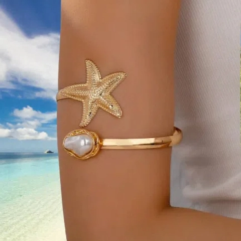 Bohemian Gold Silver Alloy Starfish Artificial Pearl Upper Arm Cuff Bracelet Sun Moon Star Celestial Wave Adjustable Bangle Jewelry