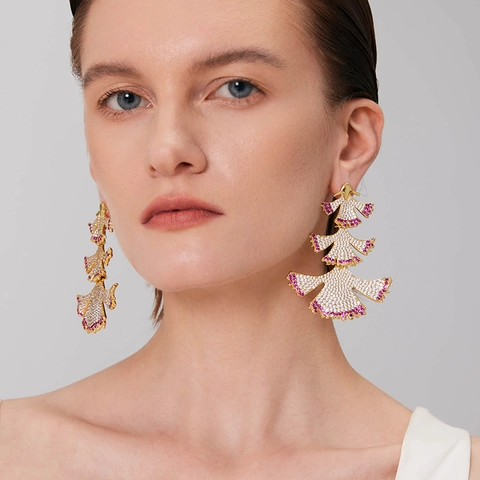 Tiered Fan Shaped Drop Earrings Ginkgo Leaf Design Rhinestone Inlaid Alloy Jewelry With Silver Earring Post For Women
