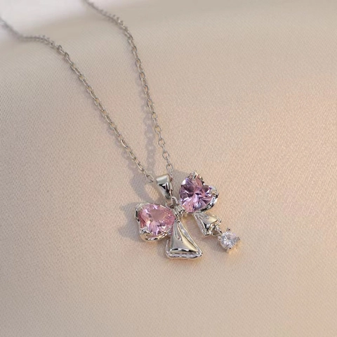 Bowtie Pendant Necklace Pink Heart Zircon Titanium Steel Korean Style Minimalist Sweet Shiny Jewelry For Women