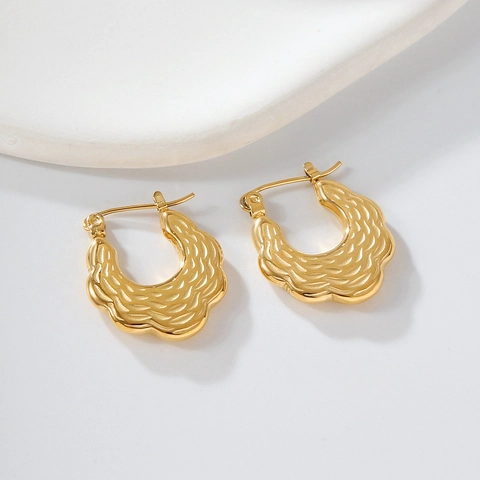 Pendientes de Aro Vintage de Acero Inoxidable en Forma de U con Textura de Onda para Mujer Bañados en Oro Martillados Joyería