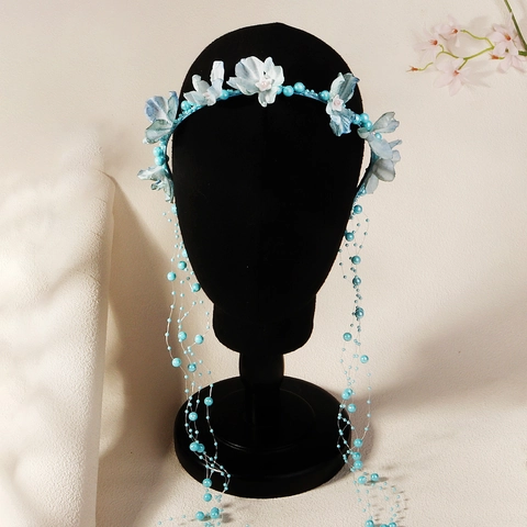 Handmade Fabric Flower Headband With Long Artificial Pearl Tassels Bridal Floral Hair Garland For Wedding Party Photography Women