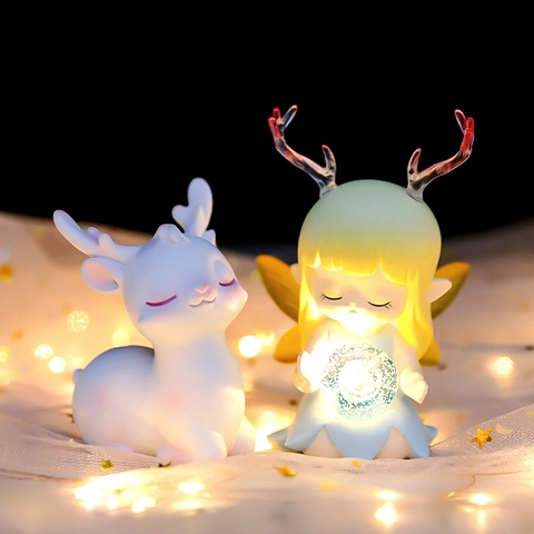 Dreamy Cartoon Fairy And Deer Night Light Ornament Resin Plastic Glow Desktop Decoration Cute Healing Gift Kids