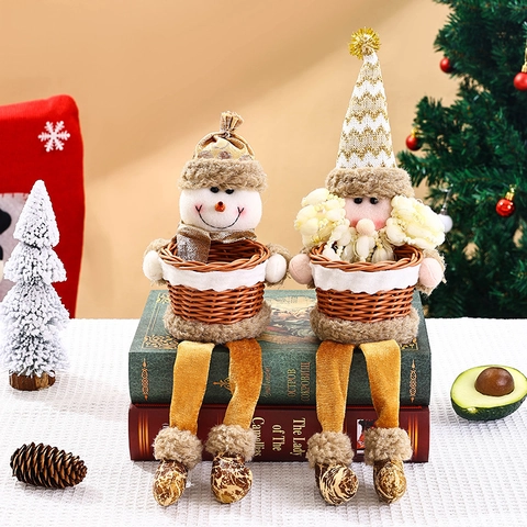 Christmas Santa Claus Snowman Fruit Basket Decoration Handwoven Rattan Storage Basket Long Leg Plush Doll For Home Party