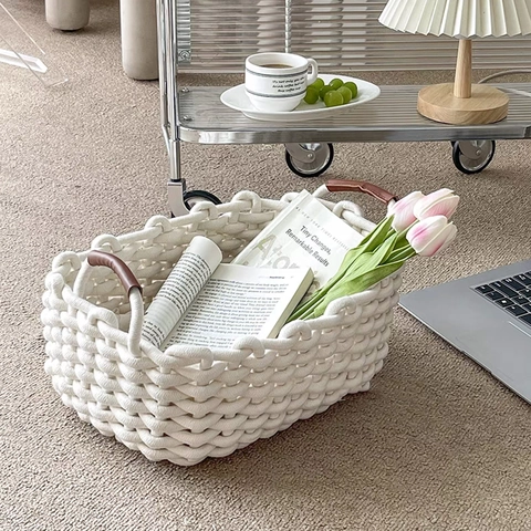 Cestas De Almacenamiento Tejidas Cubo De Cuerda De Algodón Con Asas De Cuero Organizador De Escritorio Plegable Para Cosméticos Snacks Estilo Nórdico