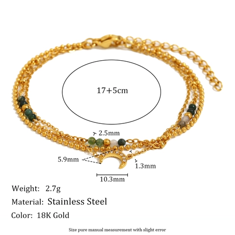 Triple Layered Moon Pendant Bracelet Stainless Steel 18K Gold Plated Multi Color Beads Adjustable Jewelry For Women