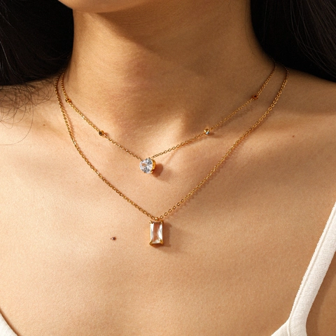 Stainless Steel Necklace With Zircon Pendant 18K Gold Plated Non Fading Geometric Jewelry For Women Elegant Luxury Style