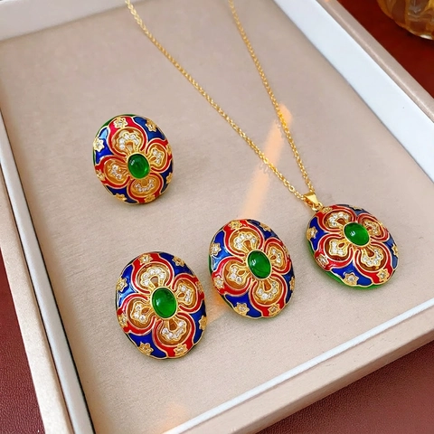Vintage Enamel Necklace Earrings Ring Copper Zircon Green Gemstone With Silver Earring Post Palace Ethnic Jewelry