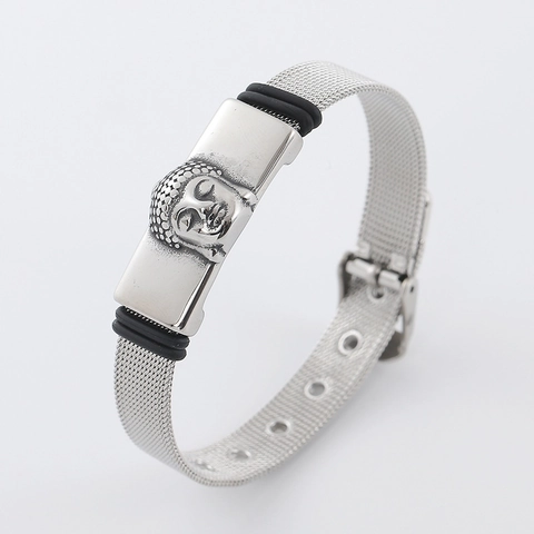 Pulsera De Malla De Acero Inoxidable Con Relieve De Cabeza De Buda Vintage Ajustable Joyería Retro Unisex