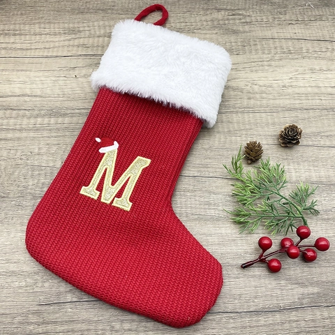Kerstsokken Rood Gebreid Fluweel Plaid Gepersonaliseerde Gouden Alfabet Letter Cadeautas Vakantie Feest Decoraties