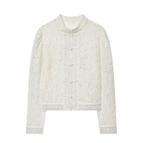 Dames Kant Blouse Met Lange Mouwen Opstaande Kraag Kikker Knoop Elegant Nieuw Chinese Stijl Shirt Top Slim Fit