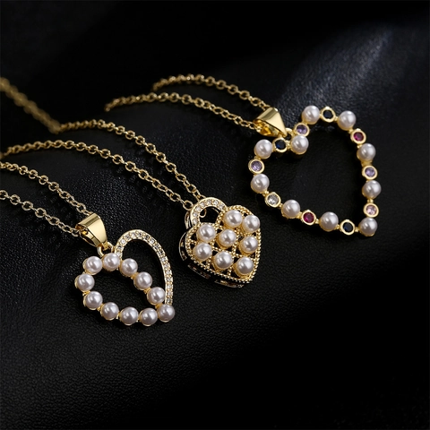 Heart Pendant Necklace Copper 18K Gold Plated Zircon Artificial Pearl Hollow Elegant Light Luxury Jewelry For Women