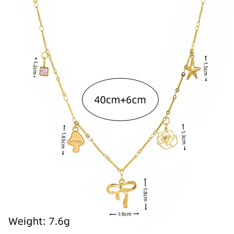 Collier Chaîne Trombone En Acier Inoxydable Avec Pendentifs Champignon Nœud Étoile De Mer Zircon Plaqué Or 18K Femmes