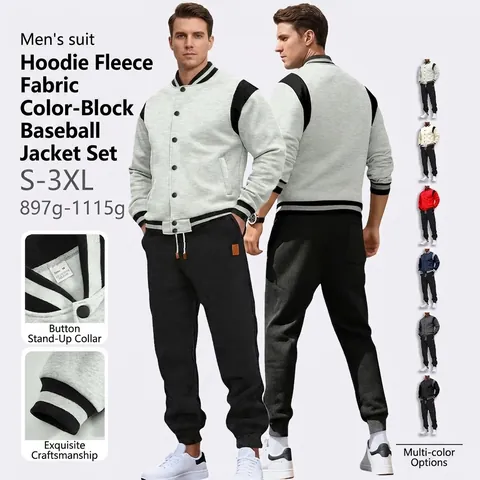 Men Casual Baseball Collar Button Down Patchwork Jacket And Jogger Pants Fleece Lining Urban Fashion Sportswear Outfits
