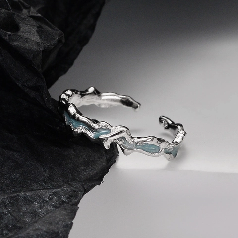 Anello in Argento Sterling S925 Smalto Blu Menta per Donna Serie Lago di Ghiaccio Texture Metallo Liquido Regolabile