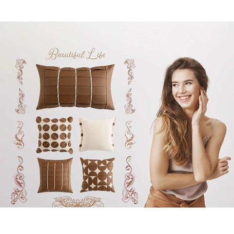 Decorative Cushion Covers Faux Leather Canvas Patchwork Geometric Maillard Style Brown Beige Luxury Pillowcases For Sofa