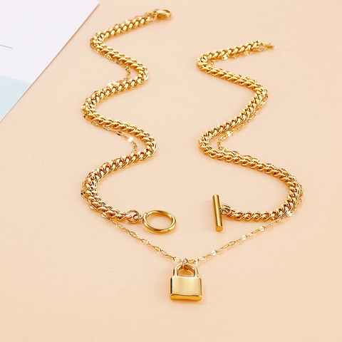 Layered Stainless Steel Padlock Pendant Necklace With Curb Chain And Toggle Clasp Punk Fashion For Women Men