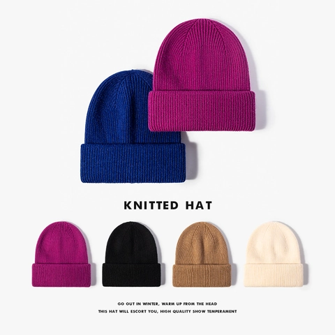 Gorro Beanie De Invierno Para Mujer Lana De Oveja Tejido De Canalé Doble Dobladillo Grueso Cálido Exterior Moda Casual Color Sólido