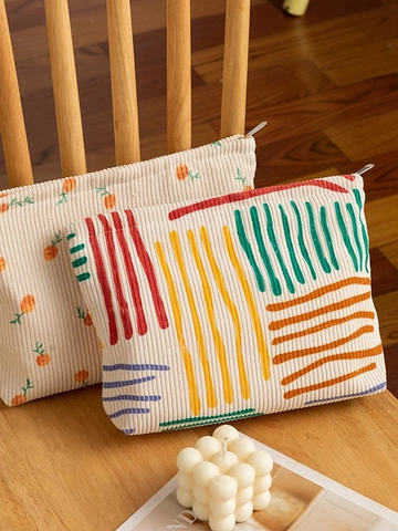 Corduroy Cosmetische Tas Grote Capaciteit Make-Up Tasje Bloemen Fruit Abstracte Strepen Rits Organizer Voor Reis Dagelijks