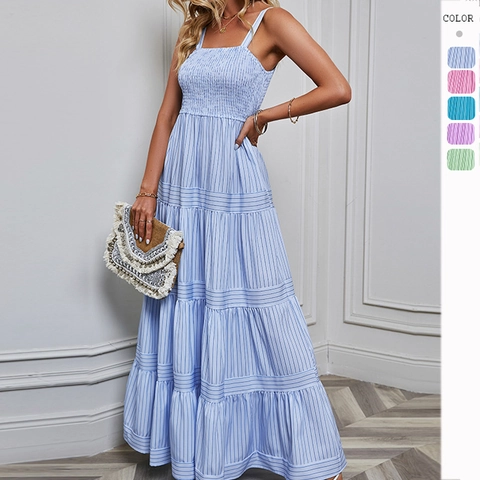 Vestito Lungo Maxi A Righe Da Donna Con Bustino Arricciato E Gonna A Balze Spalline Sottili Estate Vacanza