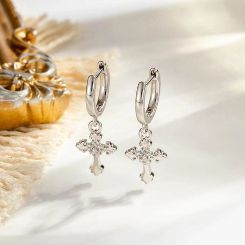 Orecchini A Cerchio Con Croce Gotica Vintage In Rame Argentato Con Zirconia Cubica Fiore Di Iris Gioielli Retro Donna