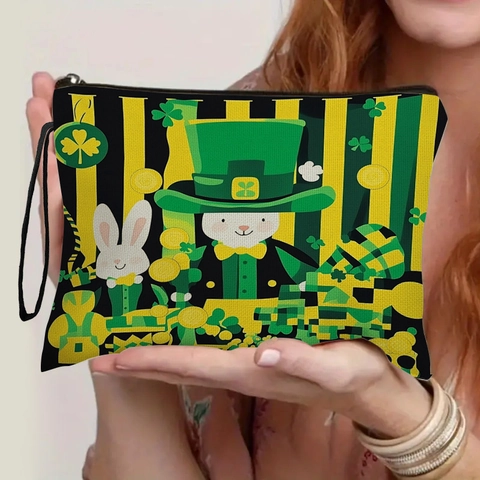 St Patricks Day Kosmetiktasche Leinenähnliches Polyester Tragbare Reißverschluss Kosmetikbeutel Mit Handgelenkschlaufe Kleeblatt Hasenmuster