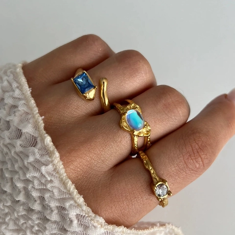 Anelli Aperti In Acciaio Inossidabile Da Donna Placcati Oro 18K Texture Fusa Irregolare Zircone Geometrico Gioielli Retrò