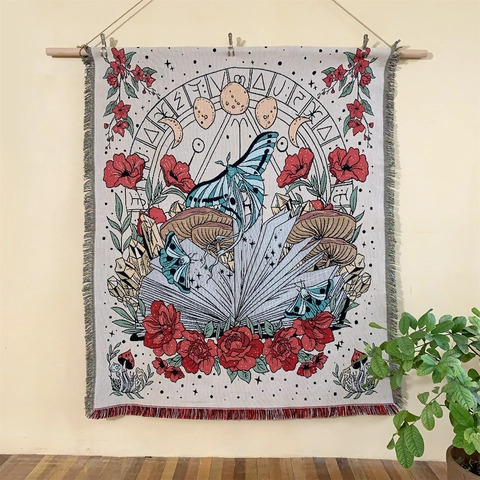 Coperta Tessuta Farfalla Falena Fase Lunare Mistica Fiori Con Nappe Multifunzionale Copridivano Picnic Arazzo