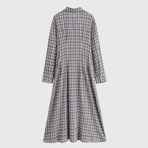 Plaid Long Sleeve Shirt Dress Polyester Button Up Turn Down Collar Vintage Midi Casual A-Line For Women
