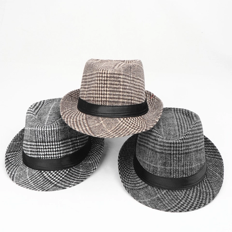 Vintage Geblokte Fedora Hoed Britse Stijl Jazz Pet Met Zwart Lint Heren Korte Rand Zonnescherm Polyester Katoen