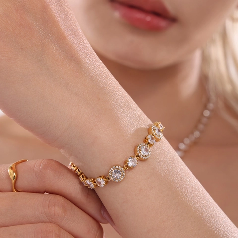 Light Luxury Stainless Steel Zirconia Pave Chain Bracelet Adjustable Lobster Clasp Women Fashion Commute Jewelry Round Design Wrist Link