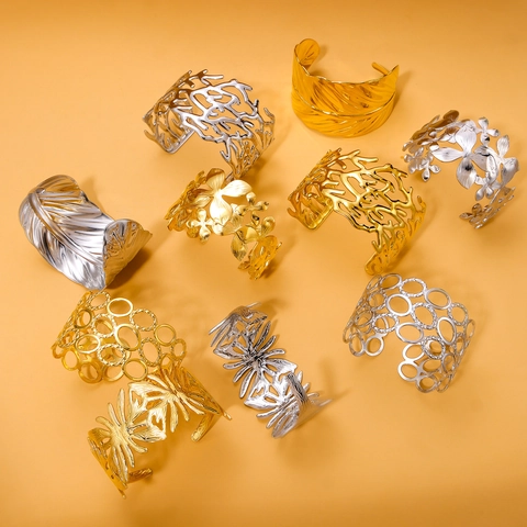 Vintage Roestvrijstalen Manchetarmband Voor Dames Met Opengewerkte Geometrische Bloemen Blad Veer Patronen Goud Zilver Verguld Elegante Sieraden