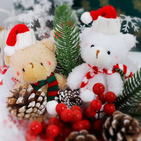 Christmas Teddy Bear Plush Doll With Knitted Hat And Scarf Jointed Miniature Holiday Home Ornament