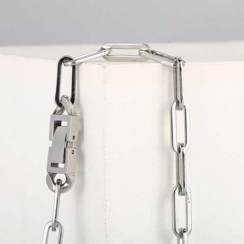 Men Stainless Steel Paperclip Chain Necklace Silver Color Minimalist Geometric Link Jewelry With Rectangular Buckle