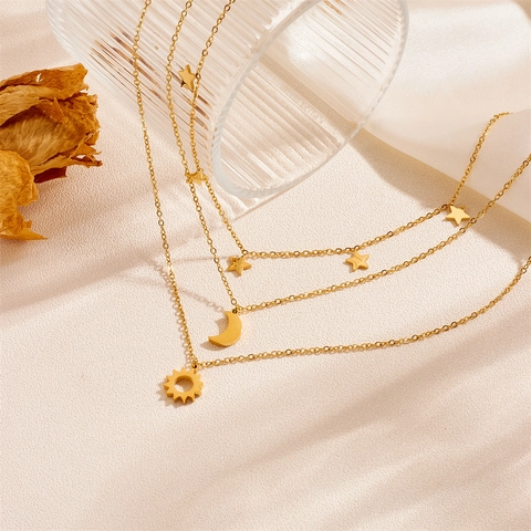 Collar De Capas Acero De Titanio Colgantes Sol Luna Estrella Color Oro Elegante Cadena De Clavícula Para Mujer