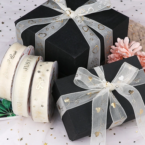 Chiffon Bronzing Ribbon Gold Foil Heart Star Pattern Gift Wrapping Decoration Cake Flower Bouquet Romantic Wedding Party