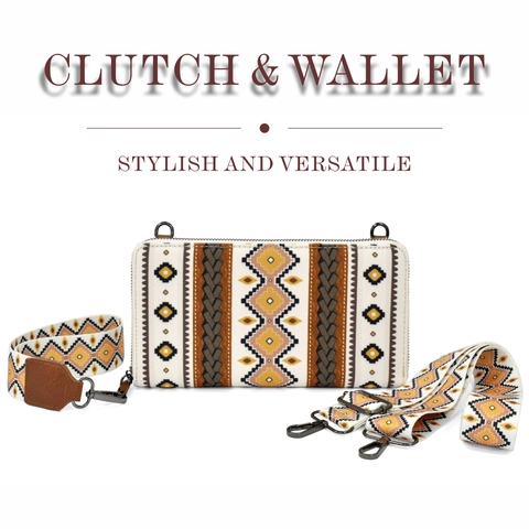 Bohemian Ethnic Clutch Bag Canvas Aztec Tribal Pattern Long Wallet With Detachable Shoulder Strap For Women Stylish Versatile