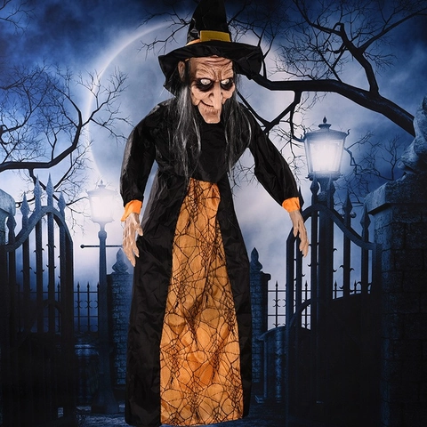 Animierte Halloween Hexe Hängende Dekoration Gruselige Geisterhaus Requisite Mit Leuchtenden Augen Sprachsteuerung Kunststoff