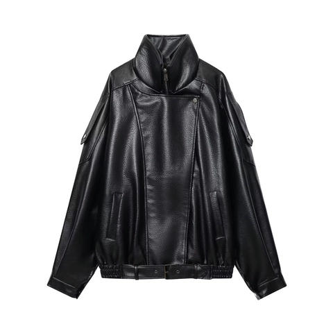 Women Faux Leather Biker Jacket Short PU Moto Coat With Belt And Stand Collar Casual Streetwear Black