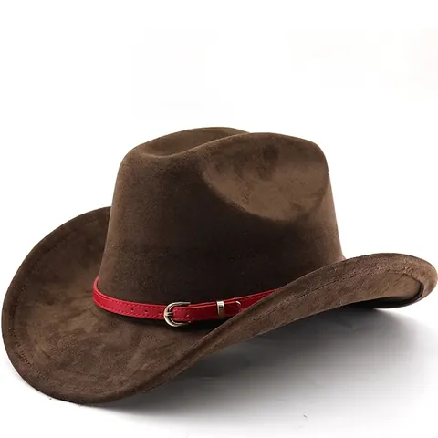 Cappello Da Cowboy Western Finta Pelle Scamosciata Feltro Di Poliestere Tesa Larga Con Fibbia Rossa Vintage Unisex