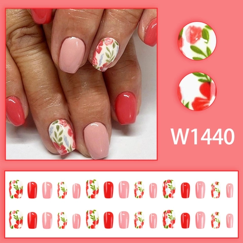 Press On Nails Short Square Artificial False Nails Floral Leaf Patterns Solid Pink Coral Red Resin Glossy Sweet Style For Women