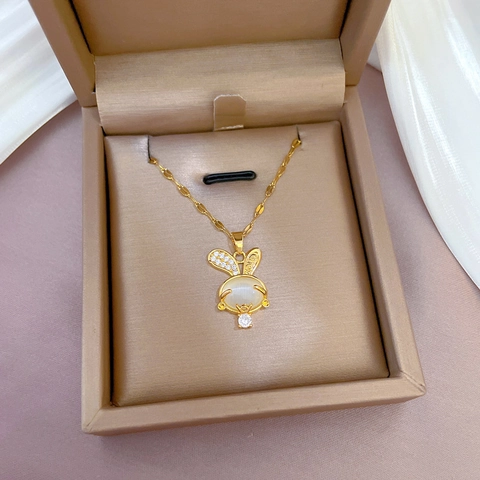 Rabbit Pendant Necklace Stainless Steel Chain Gold Plated Copper Cat Eye Stone Zircon Jewelry For Women