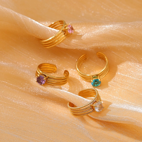 Stainless Steel Gold Plated Open Ring With Round Colorful Cubic Zirconia Multi Layer Band Adjustable Fashion For Women