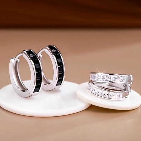 Minimalist Silver Color Copper Hoop Earrings With Square Cubic Zirconia Channel Setting Retro Huggie Earrings For Women