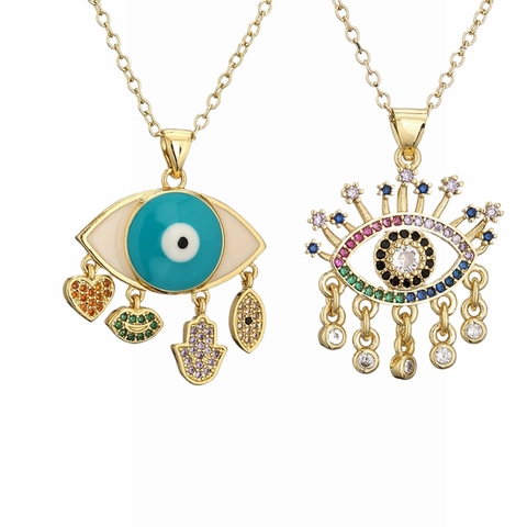 Evil Eye Anhänger Halskette Kupfer Mikro Pave Bunte Zirkonia Vergoldet Fatima Hand Herz Schlüsselbein Kette Schmuck Damen